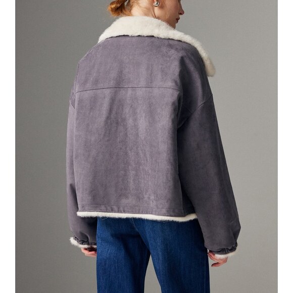 Two-in-One Gray Suede Reversible Short Coat - Picture 7 of 9